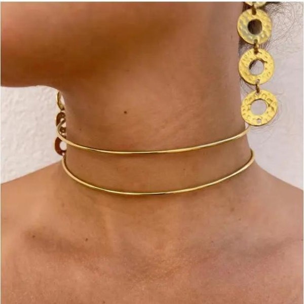 Gold Neck Cuff - Double Stiff Neck Ring Choker - Gold Choker Necklace - 18K Gold Plated - Waterproof - Hypoallergenic - MIHO Studio