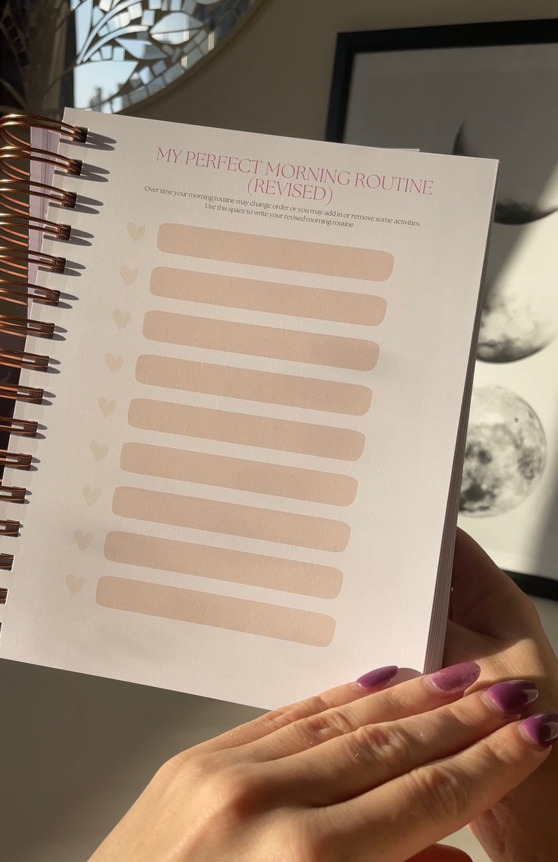 May include: A white page with the title "My Perfect Morning Routine (Revised)" and a list of blank lines for writing down a morning routine.