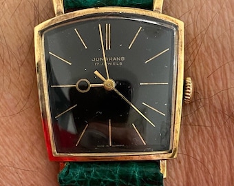 Extremely rare Junghans lantern from the 1950s, gold-plated, with tank case, hand-wound movement, J84/S, black dial, works