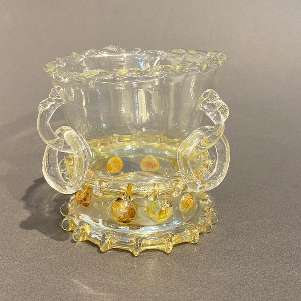 Forest glass ringed beaker in the style of the 16/17 century with grip knobs and glass rings, mouth-blown glass art glass culture, late medieval collector's glass