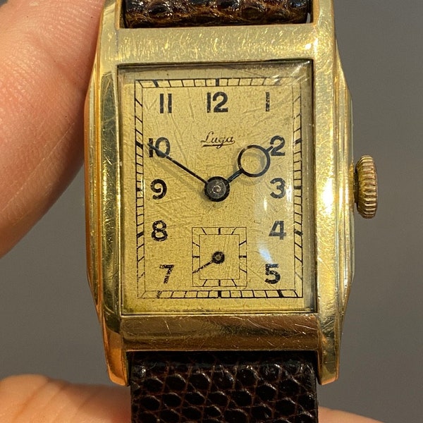 Montre-bracelet pour homme Art Déco de la marque Luga avec aiguilles Breguet et boîtier en plaqué or fonctionne parfaitement Montre rectangulaire Cartier Tank des années 1930