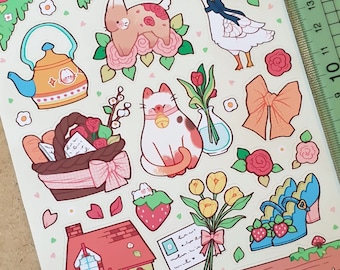 Cottage Living | Cute waterproof handmade floral sticker sheet | Kawaii cottagecore aesthetic stickers for planner + bullet journal