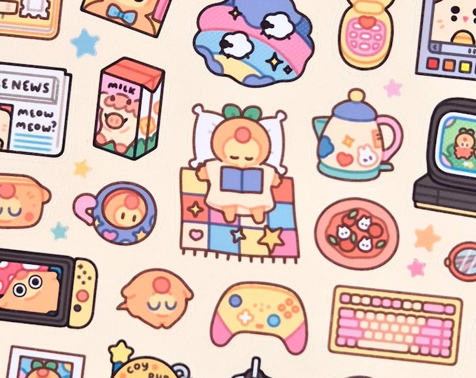 Featured listing image: Take A Break | Cute waterproof handmade vibrant sticker sheet | Kawaii spring gaming aesthetic stickers for planner + bullet journal