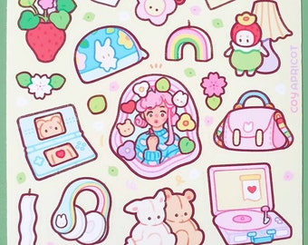 Cutesy Bedroom | Cute waterproof handmade spring sticker sheet | Kawaii strawberry aesthetic stickers for planner + bullet journal + penpal