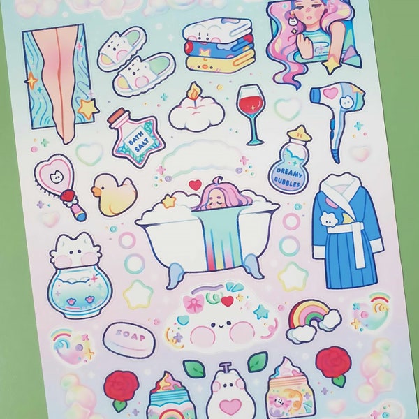 Dreamy bubble bath | Cute waterproof handmade dreamy sticker sheet | Kawaii aesthetic stickers for planner + bullet journal