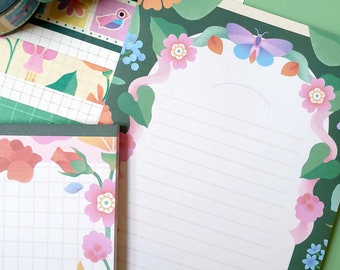 B GRADE Notiz Set | Blumendruck illustriertes Briefpapier | Frühlingshaft ästhetischer Notizblock, Washi Tape und Haftnotiz | oopsie Journal Paket
