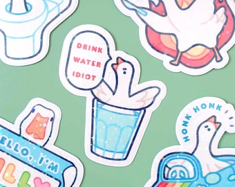 Drink Water Idiot | Cute waterproof handmade vinyl die-cut sticker | Kawaii silly goose aesthetic holographic sticker decal for laptop