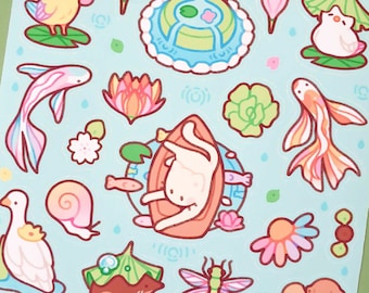 Rainy Pond | Cute waterproof handmade spring sticker sheet | Kawaii flower aesthetic stickers for planner + bullet journal + penpal