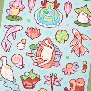 Estanque lluvioso / Linda hoja de calcomanías de primavera hechas a mano e impermeables / Calcomanías estéticas de flores kawaii para planificador + bullet journal + amigo por correspondencia