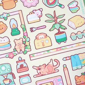Cuisine printanière | Jolie feuille d'autocollants floraux faits main imperméable | Stickers esthétiques cottagecore kawaii pour agenda + bullet journal