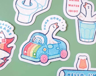 Honk Honk! | Cute waterproof handmade vinyl die-cut sticker | Kawaii silly goose aesthetic holographic sticker decal for water bottle