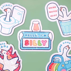 Hello I'm Silly | Cute waterproof handmade vinyl die-cut sticker | Kawaii silly goose aesthetic holographic sticker decal for water bottle