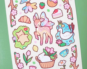 May include: A set of colourful stickers featuring cute animals, flowers, and other spring-themed designs. The stickers include a deer with butterfly wings, a bunny in a basket, a bear, a frog, a bird, and a goose. There are also flowers, leaves, and other nature-inspired elements.