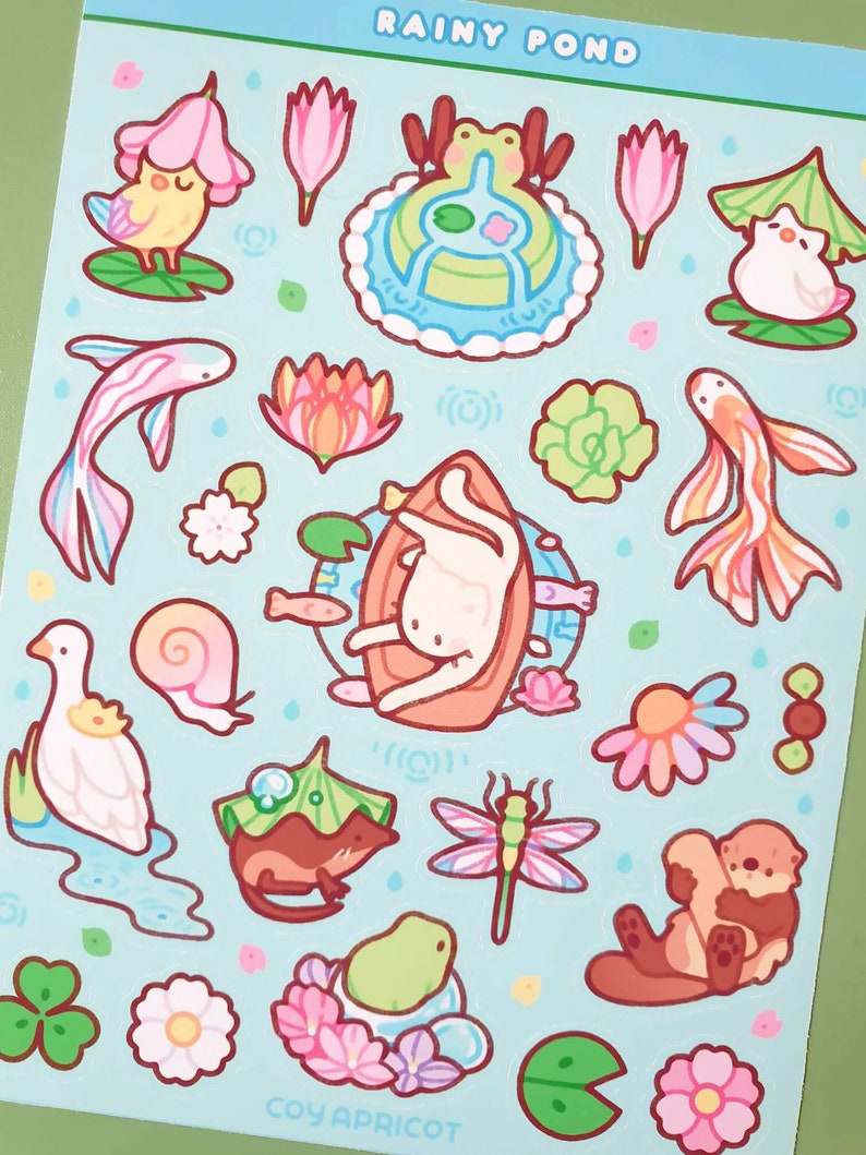 Rainy Pond | Cute Waterproof Handmade Spring Sticker Sheet | Kawaii ...