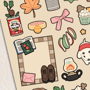 May include: A collection of illustrated stickers featuring various objects and scenes. Includes a sunset landscape, a dog portrait, a can of tomatoes, a maple leaf, a pink bow, a book, a pie, and a window with a pumpkin.