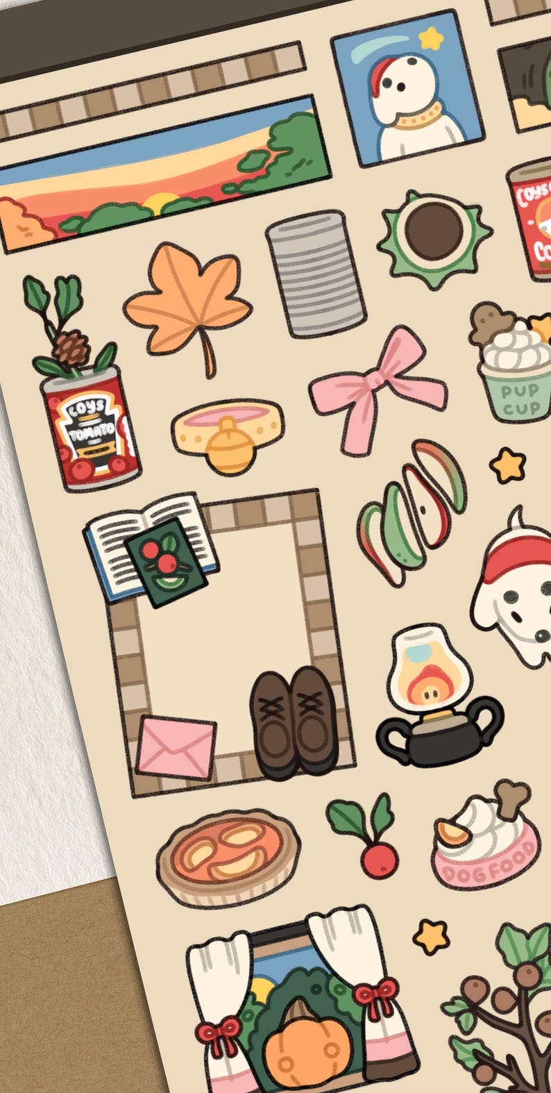 May include: A collection of illustrated stickers featuring various objects and scenes. Includes a sunset landscape, a dog portrait, a can of tomatoes, a maple leaf, a pink bow, a book, a pie, and a window with a pumpkin.