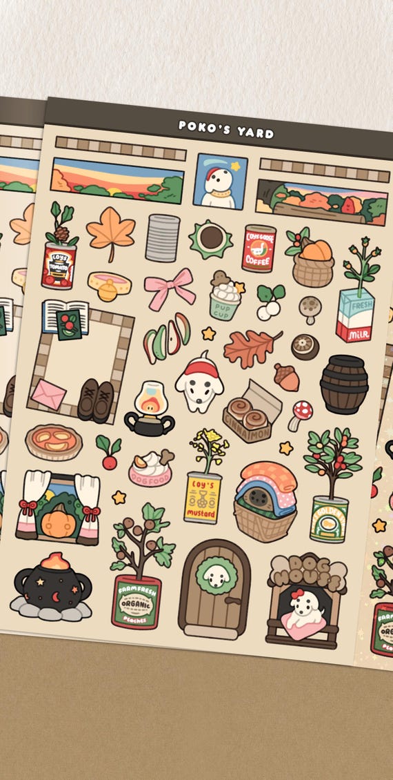 Poko's Yard | Cute waterproof handmade Autumn sticker sheet | Kawaii dog aesthetic stickers for planner + bullet journal