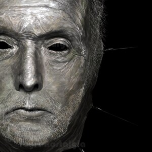May include: A close-up of a man's face, rendered in a metallic gray, with multiple thin black lines extending from the face. The face appears to be stretched and distorted, with a dark background.