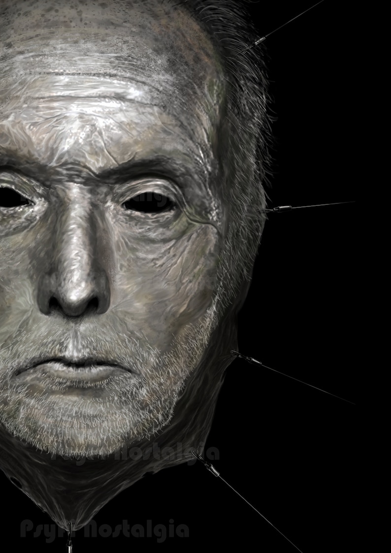 May include: A close-up of a man's face, rendered in a metallic gray, with multiple thin black lines extending from the face. The face appears to be stretched and distorted, with a dark background.