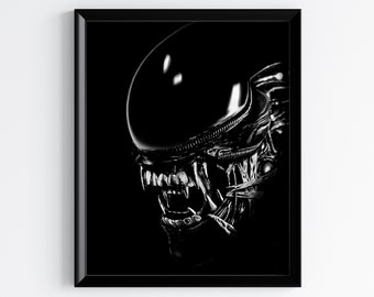 Alien art xenomorph art print big chap alien Giger Alien 1979 scifi thriller movie poster horror black and white wall decor