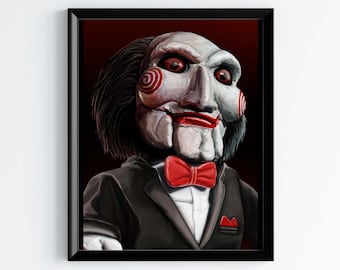 Könnte beinhalten: Eine digitale Malerei eines fiktiven Charakters mit einer weißen Maske und roten Spiralmustern. Der Charakter trägt einen schwarzen Anzug mit einer roten Fliege. Der Hintergrund ist dunkelrot.