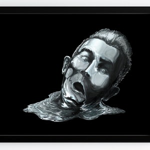 Op de afbeelding: Een digitale zwart-wit illustratie van een mannenhoofd dat smelt in een plas vloeistof. Het gezicht van de man is vertrokken in een blik van angst of verbazing.