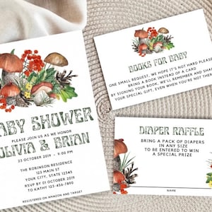 Chá de bebê unissex com tema floral cottagecore de cogumelo ou convite personalizado de aniversário, sinal de boas-vindas, cartão de agradecimento e inserções de cartão!