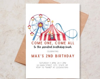 May include: A colourful invitation for a child's second birthday party. The invitation features a Ferris wheel, a roller coaster, and a circus tent with a skull and crossbones design. The text reads "Come one, come all to the greatest birthday bash celebrating Max's 2nd Birthday". The invitation also includes the date, time, and location of the party.