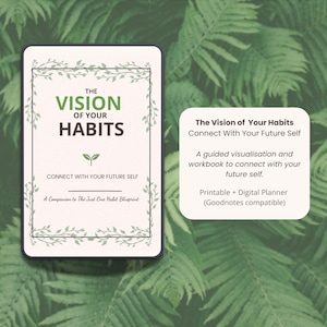 Può includere: Un'agenda digitale intitolata "The Vision of Your Habits" con un design verde e bianco. La copertina presenta il titolo in grassetto, con una piccola icona a forma di foglia. L'agenda è ambientata su uno sfondo di fogliame verde.