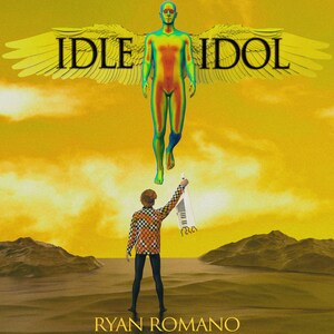May include: A digital art print featuring a man with wings, a yellow and green gradient, and the text "IDLE IDOL" above him. The man is standing on a desert landscape with a person holding a keyboard in the foreground. The text "RYAN ROMANO" is at the bottom of the image.
