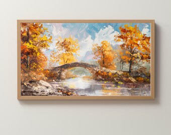 Herbst Landschaftsmalerei - Fluss & Steinbrücke - Palettenmesser Techniken - Impressionistische Kunst - Hochauflösendes Bild - Seitenverhältnis 16: 9