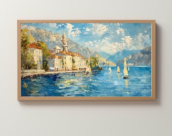 Comer See Stadt Ölgemälde für Samsung Frame TV | Hyper realistisch | Digitale Kunst PNG | Vintage Impasto Stil | Sofort Download