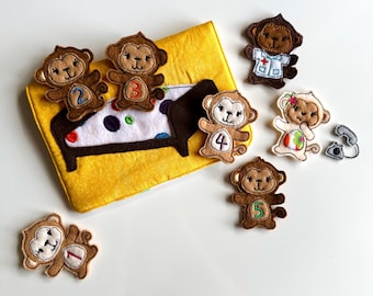 5 Little Monkeys Jumping on the Bed Felt Finger Puppet Story Bag, Storytelling for Kids, Embroidery, Handmade, Busy Quiet Book, READY 2 SHIP