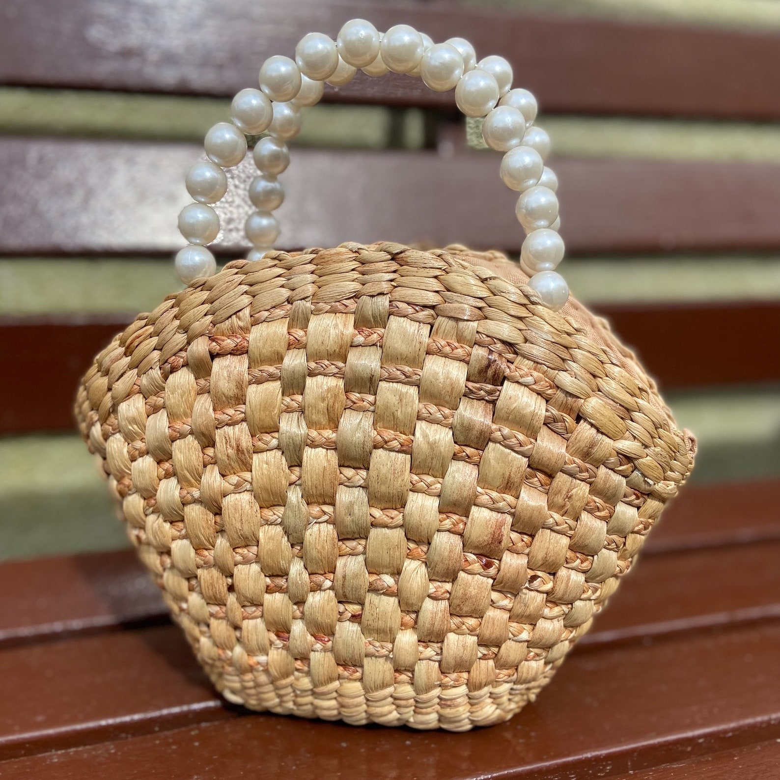 Handmade Water Hyacinth Bag With White Beads, Zipped Top Purse - Etsy