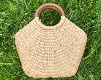 Summer Bag, Straw Handbag, Top Handle Bag, Water Hyacinth Zipped Bag, Circle Wooden Handle Bag, Holiday Straw Bag, Full Zipped Beach Bag