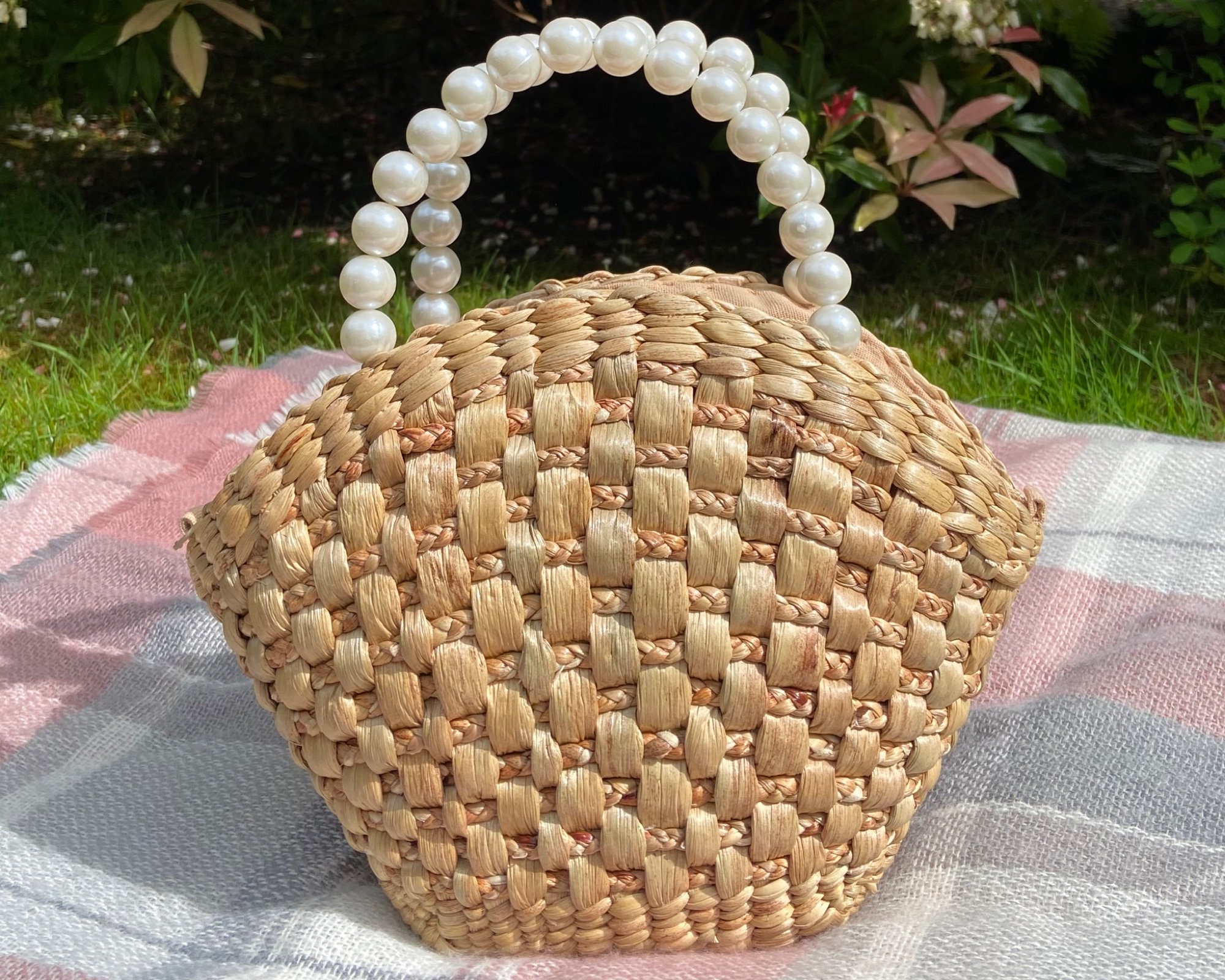 Handmade Water Hyacinth Bag With White Beads, Zipped Top Purse - Etsy
