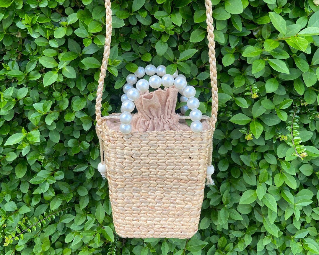 Handmade Water Hyacinth Crossbody Bag, White Bead Handle - Etsy