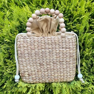 Handmade Handbag, Water Hyacinth Bag, Wooden Beads Top Handle Bag, Drawstring Handbag, Straw Top Handle Purse, Summer Handbag For Women