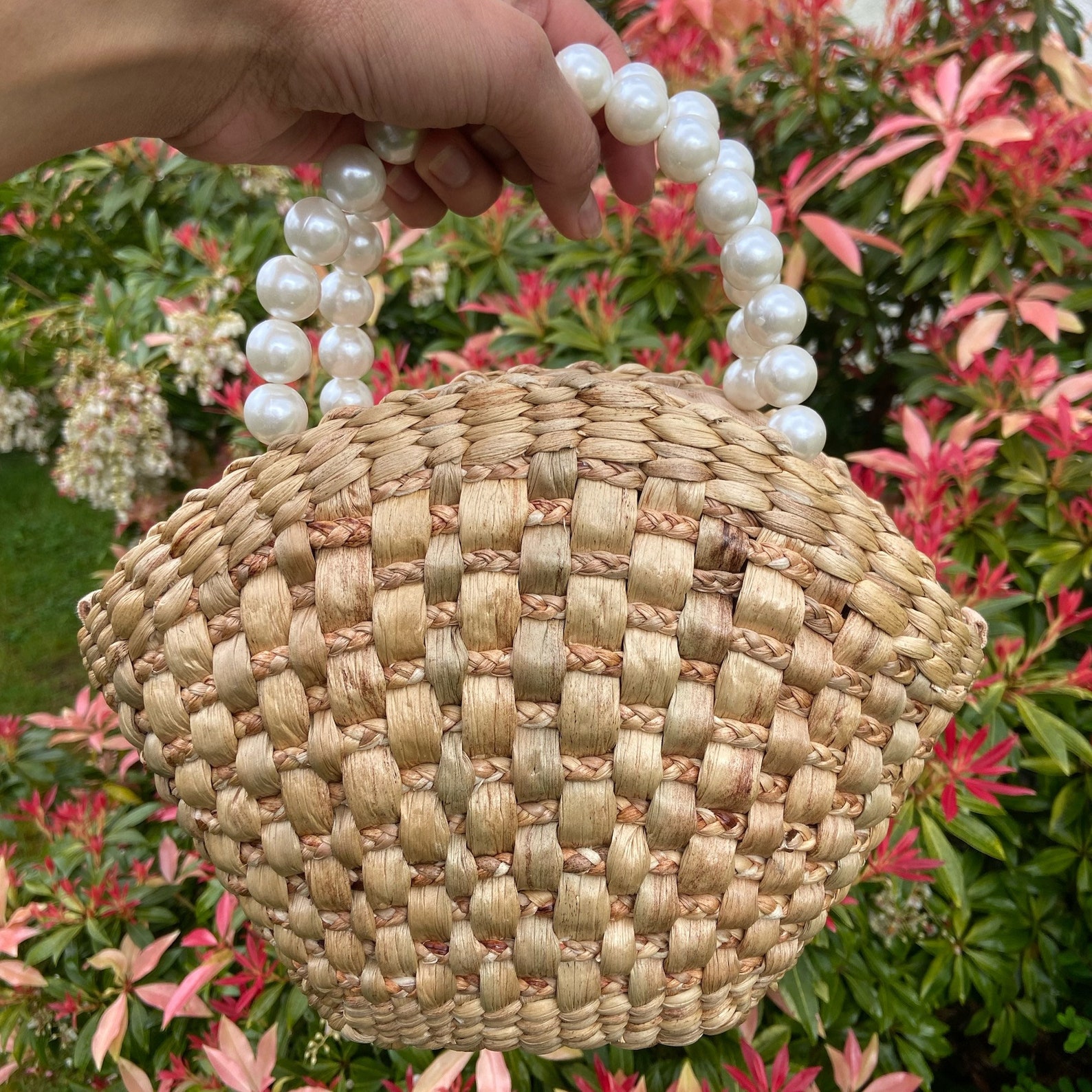 Handmade Water Hyacinth Bag With White Beads, Zipped Top Purse - Etsy
