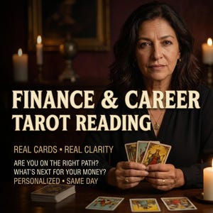 Peut inclure: Image publicitaire pour des lectures de tarot sur la finance et la carrière. Le texte indique « FINANCE & CAREER TAROT READING » avec le texte supplémentaire : « REAL CARDS • REAL CLARITY », « ARE YOU ON THE RIGHT PATH ? », « WHAT'S NEXT FOR YOUR MONEY ? », « PERSONNALISÉ • SAME DAY ». Une femme tient des cartes de tarot.
