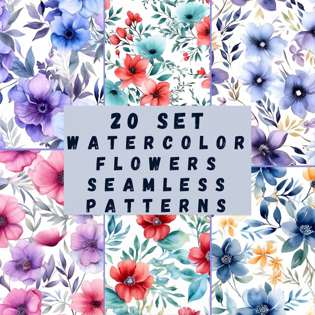 Watercolor Flowers Digital Paper Set, Spring Floral Seamless Pattern ...