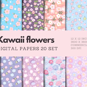 Kawaii flowers digital paper, cute flowers pattern, pink floral, cute kawaii art, seamless pattern, anime flower, kawaii aesthetic, 20 set