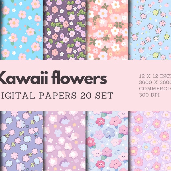 Kawaii Blumen digitales Papier, süße Blumen Muster, rosa Blumen, süße kawaii Kunst, nahtlose Muster, anime Blume, kawaii Ästhetik, 20 Set