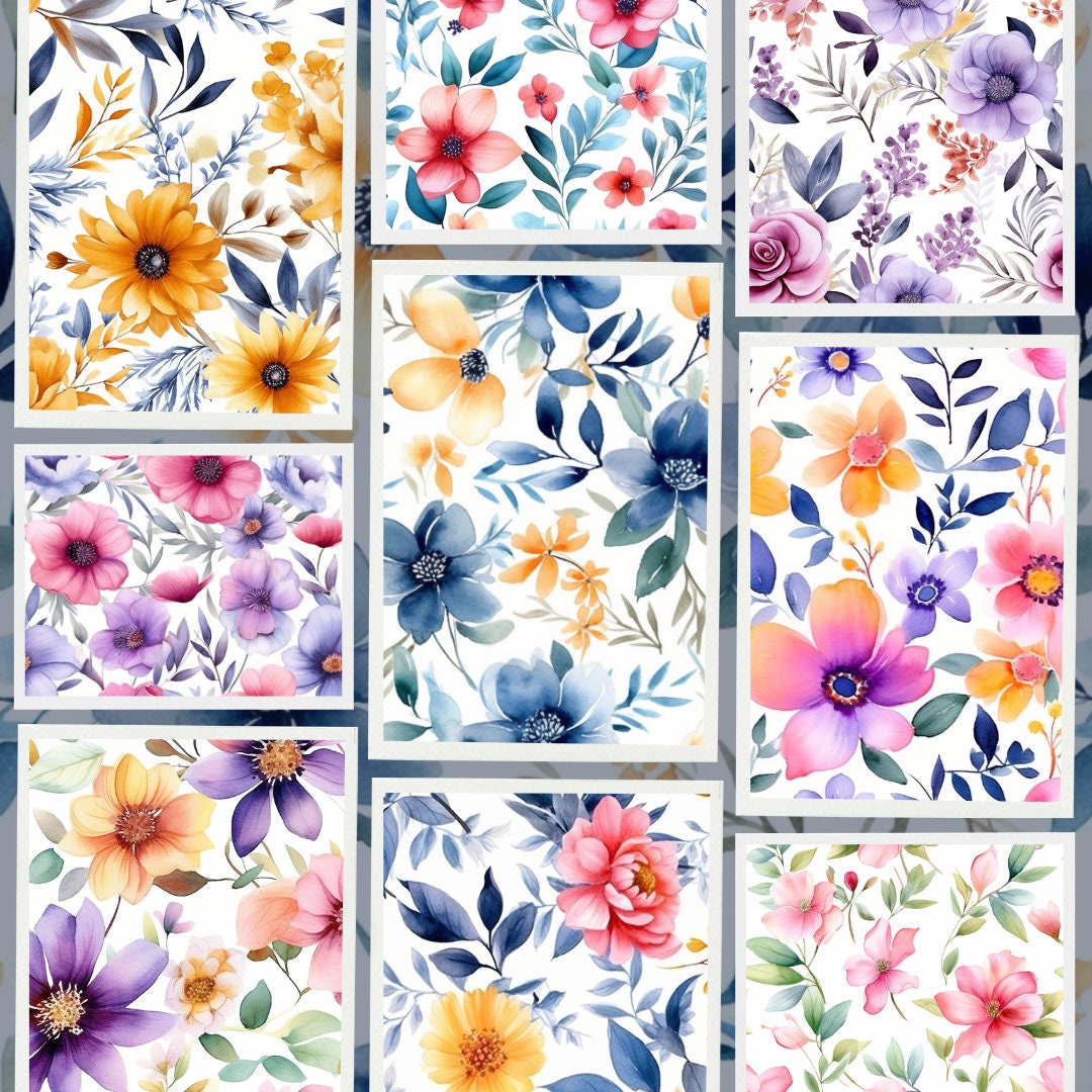 Watercolor Flowers Digital Paper Set, Spring Floral Seamless Pattern ...