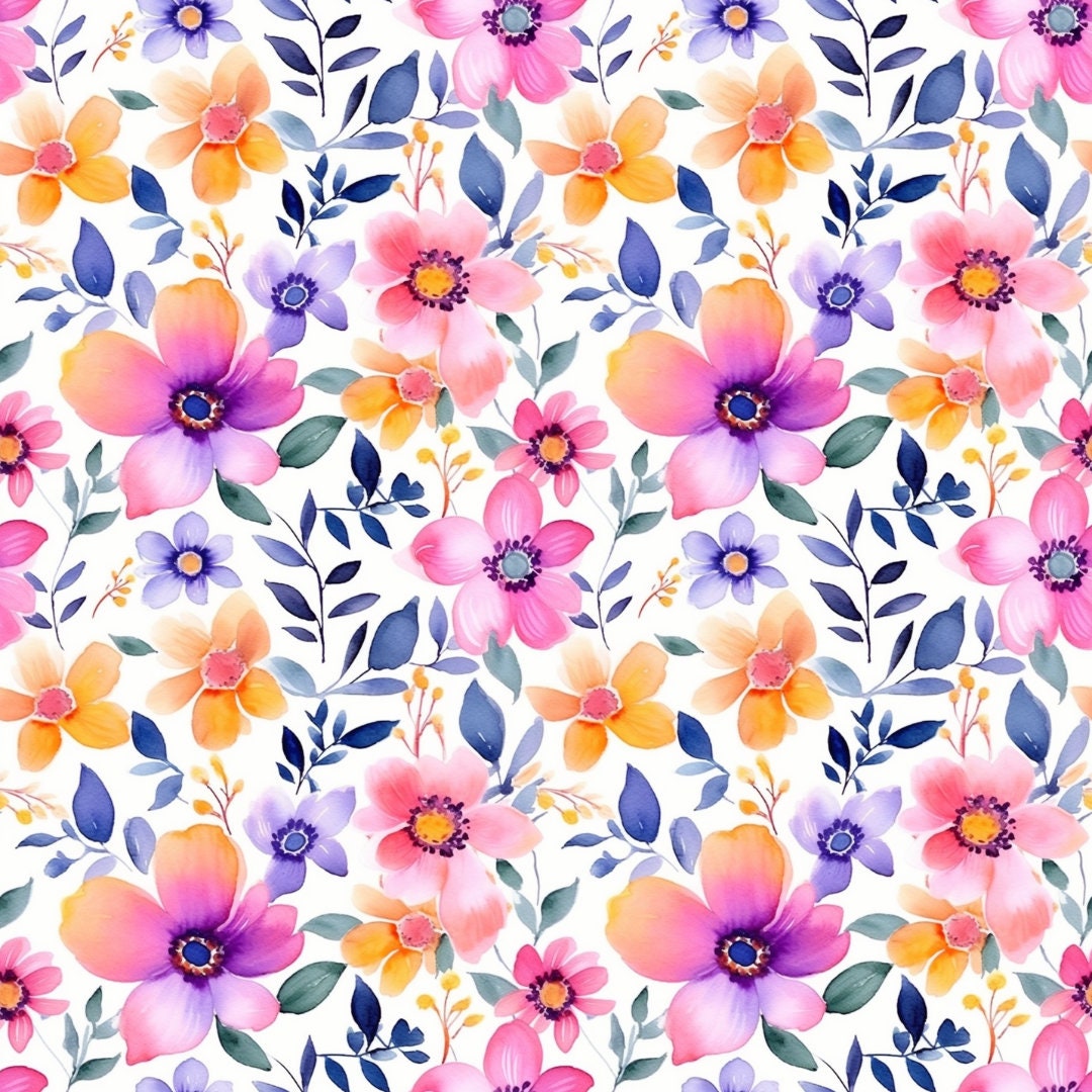 Watercolor Flowers Digital Paper Set, Spring Floral Seamless Pattern ...