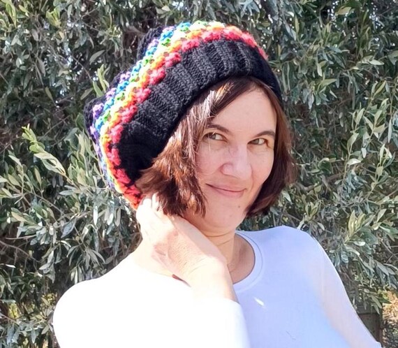 Hand knit rainbow beanie hat Hand Knit Hat Beanie Multicolor Rainbow Youth Teen Boys  main image 2