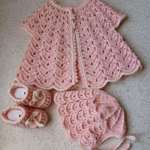 Handmade Crochet Baby Set: Pink Cardigan, Bonnet & Booties (Newborn-6 Months)