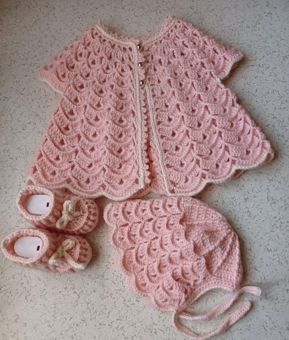 Handmade Crochet Baby Set: Pink Cardigan, Bonnet Booties
