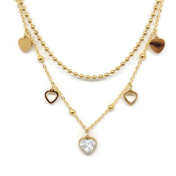 Double row necklace with heart charms