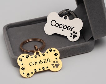 Custom Engraved Pet Tag、Personalized Dog ID Tag with Paw Print、Engraved Dog Name Tags、Rose Gold Rainbow cute Stainless Steel Bone Dog Tag